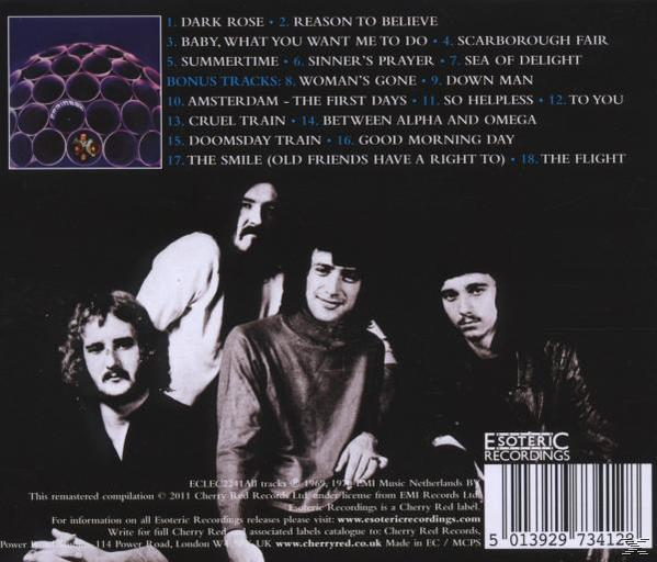 Albumcover mit Bandmitgliedern und Songtiteln.