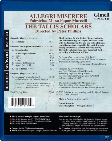 PHILLIPS/TALLIS SCHOLARS - Miserere/Missa (Blu-ray) Papae - Marcelli