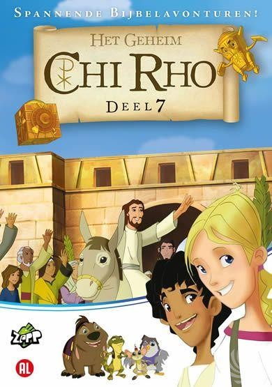 Animatiefilmposter. Titel: Chi Rho. Personages zijn een man op een ezel, een meisje en diverse tekenfilmfiguren.