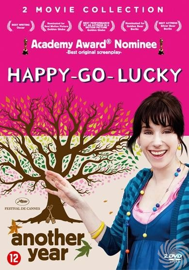 Filmposter voor 'Happy-Go-Lucky'. Een vrouw lacht, boomillustratie erachter, tekst bovenaan en filmtitel in het midden.