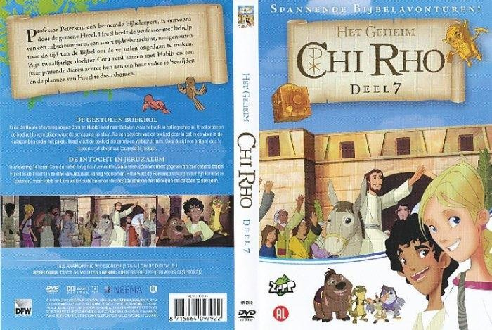 DVD-hoes. Titel: Het Geheim Chi Rho Deel 7. Tekenfilmfiguren en een gebouw worden getoond.