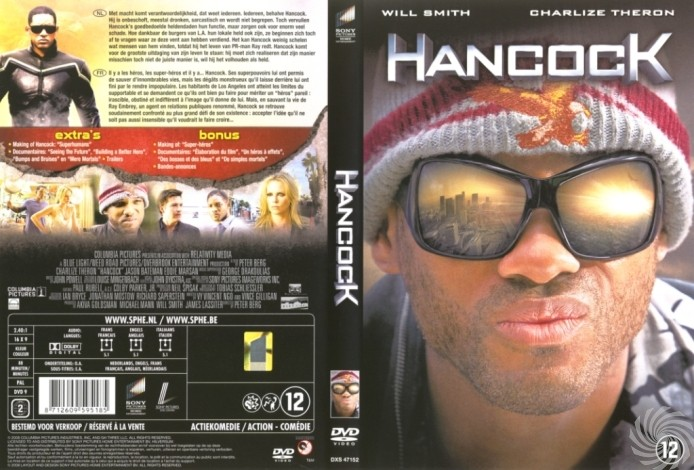 DVD-hoes. Will Smith in zonnebril weerspiegelt stadsgezicht. Titel: Hancock. Andere acteurs en tekst zijn zichtbaar.