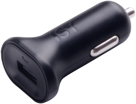 Chargeur de voiture noir avec port USB, vue en angle, isolé sur fond blanc.