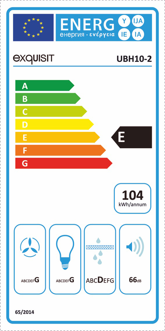 Energielabel: Exquisit UBH10-2. Energieeffizienzklasse E. Symbole für Lüfter, Glühbirne, Wassertropfen und Ton.