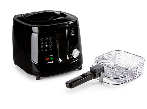 Black deep fryer and a silver basket with handle, set against a white background.