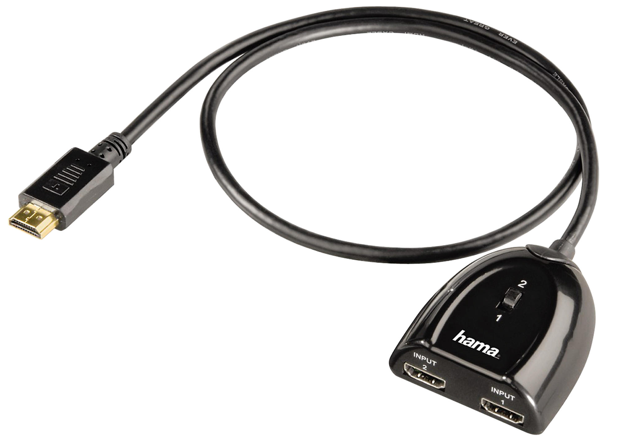 Czarny rozdzielacz HDMI z dwoma portami wejściowymi i jednym wyjściowym. Czarny kabel się łączy.