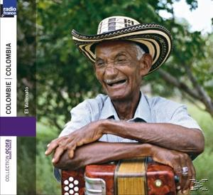 Ein alter Mann mit Hut und Akkordeon lächelt. Der Text lautet 'COLOMBIA' und 'El Vallenato'.
