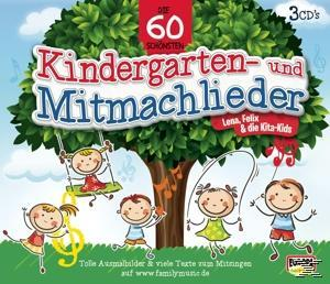 Albumcover für "Kindergarten- und Mitmachlieder" mit Cartoon-Kindern, Baum und Noten.