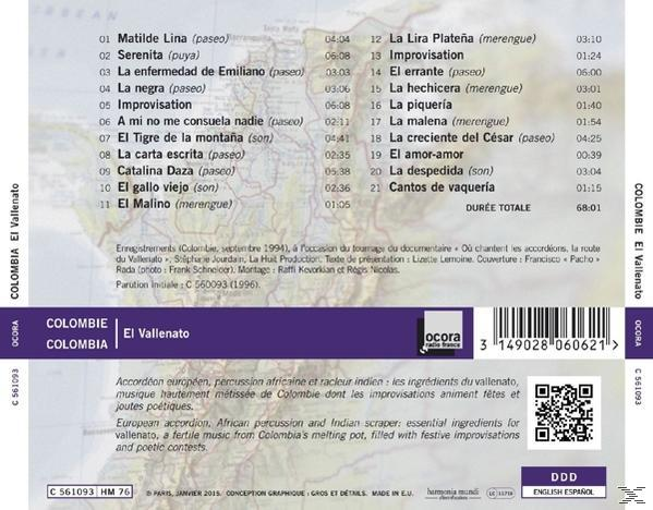Rückseite eines Musikalbums mit Titelliste und Karte. Text auf Spanisch und Französisch. Lila, weiß und grau.