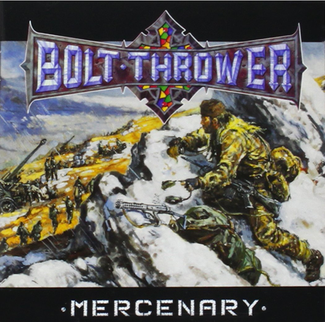 Albumcover: Bolt Thrower, Soldat feuert Gewehr auf schneebedecktem Berg. Titel: Mercenary.