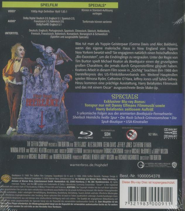 Rückseite der Beetlejuice-DVD. Text in mehreren Sprachen, Bilder des Films und ein Rating-Logo.