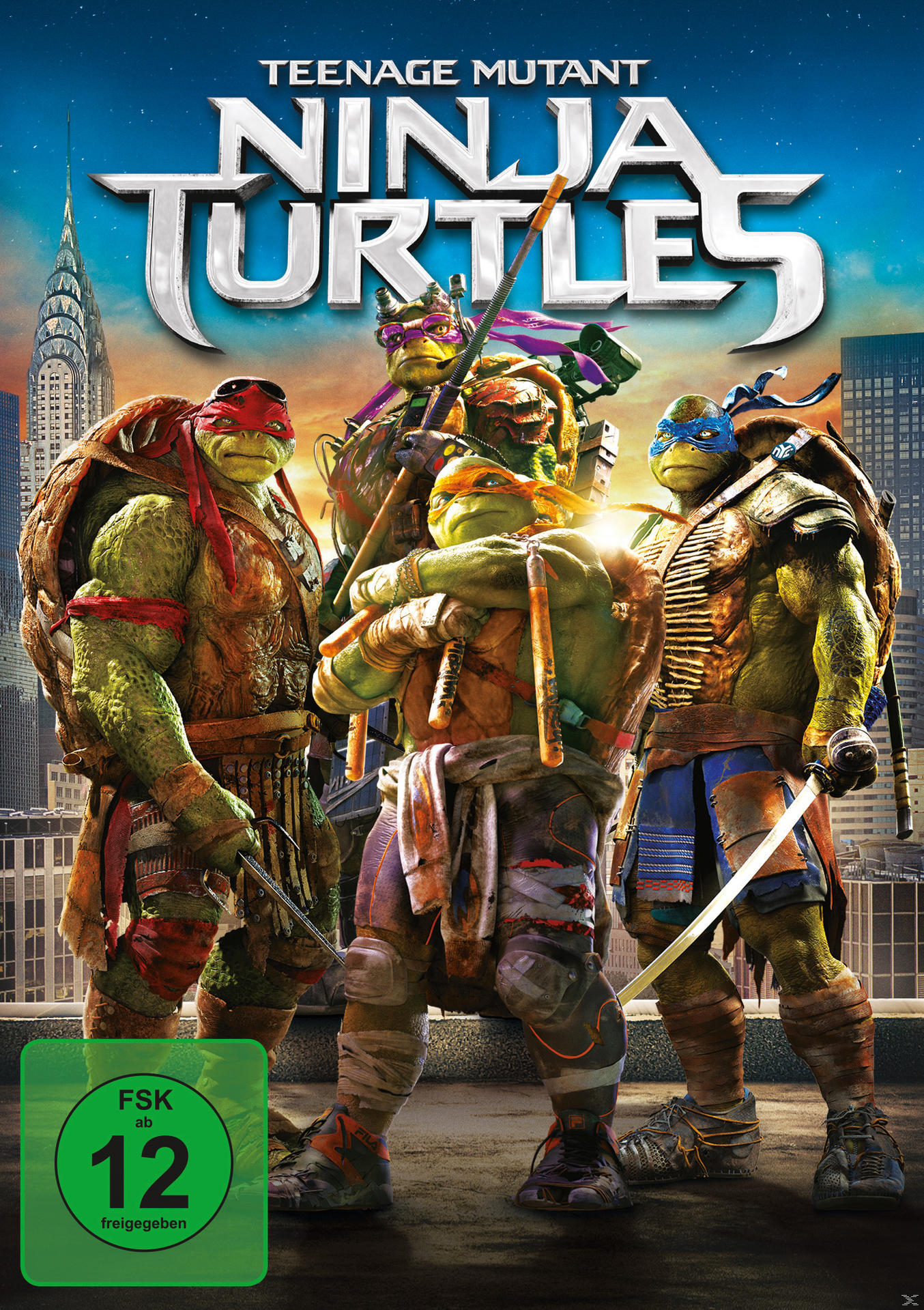 Teenage Mutant Ninja Turtles DVD-Cover mit vier Schildkröten mit Waffen, Stadt im Hintergrund.