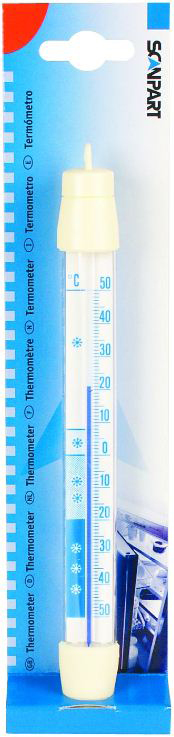 A thermometer with a blue fluid, measuring in Celsius and Fahrenheit. It is in a clear plastic tube.