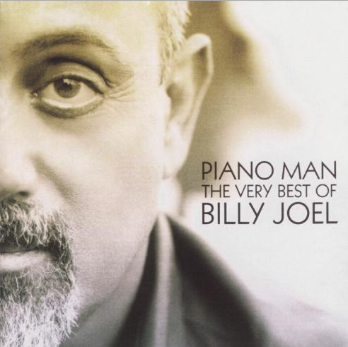 Gros plan sur le visage de Billy Joel sur la pochette du CD. Le texte dit 'Piano Man, The Very Best of Billy Joel'.