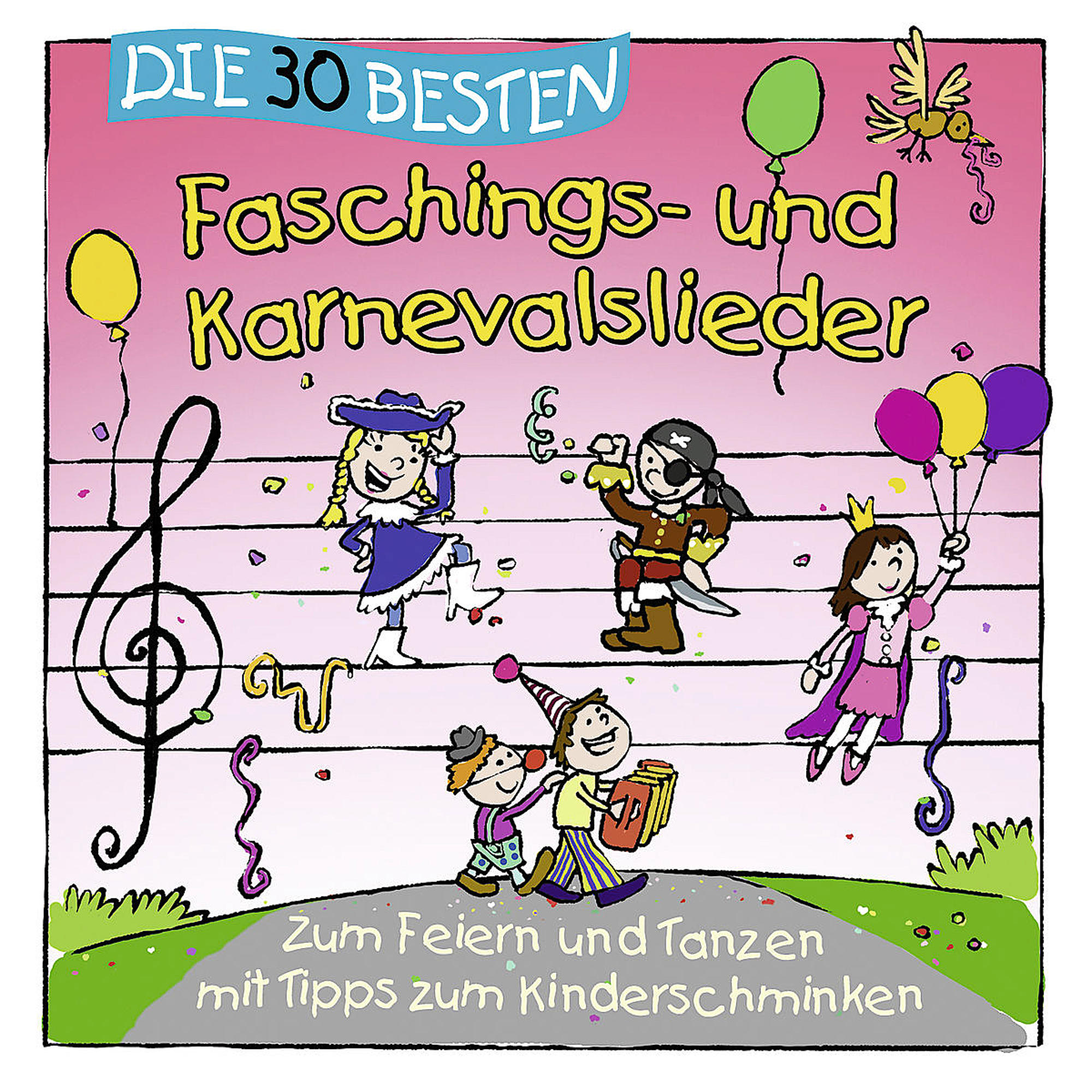 Cover eines Kinderalbums mit kostümierten Figuren, Noten und Titel auf Deutsch.
