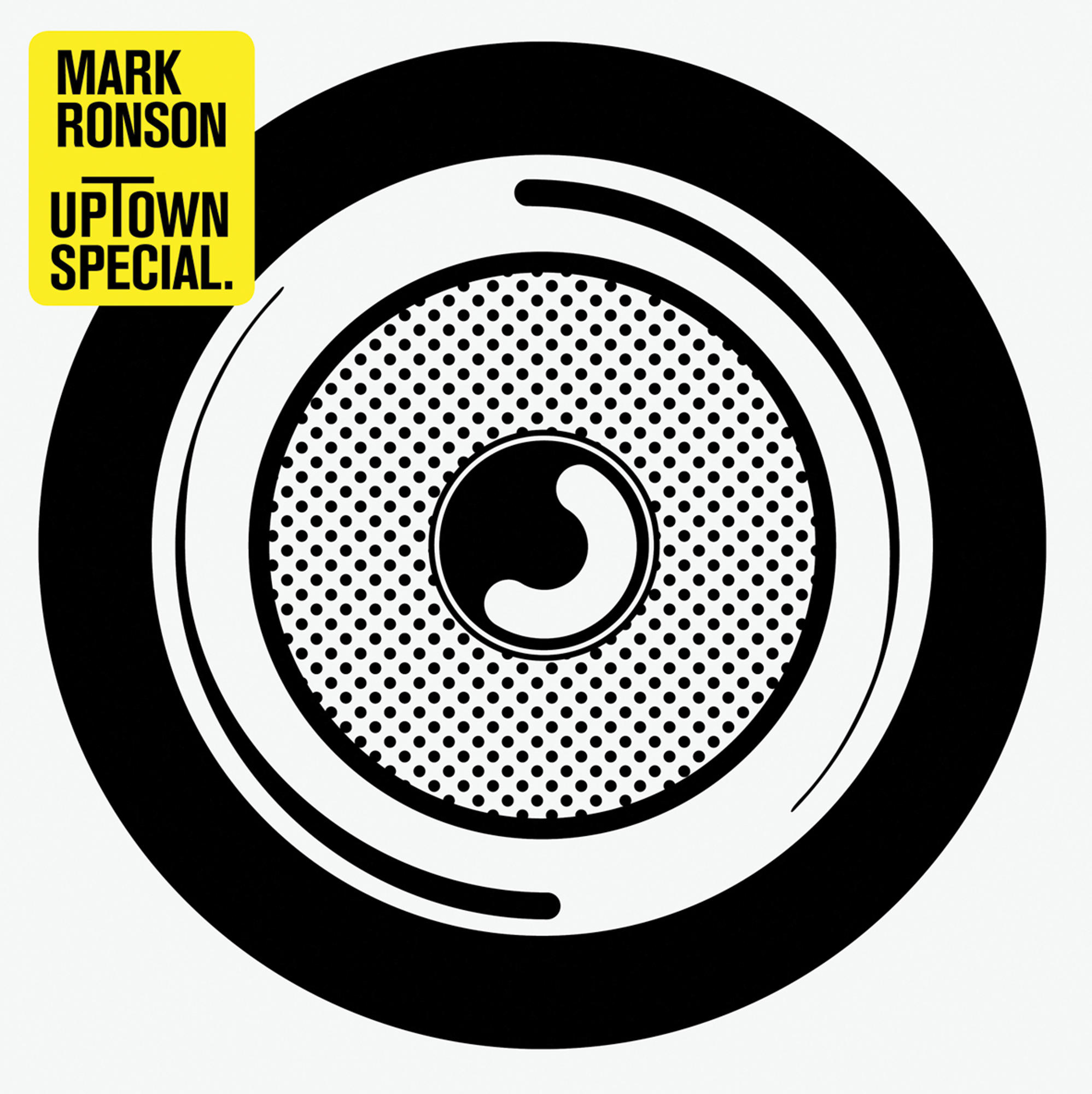 Zwart-witte albumhoes met een cirkelvormig ontwerp. Gele rechthoek met tekst: MARK RONSON UPTOWN SPECIAL.