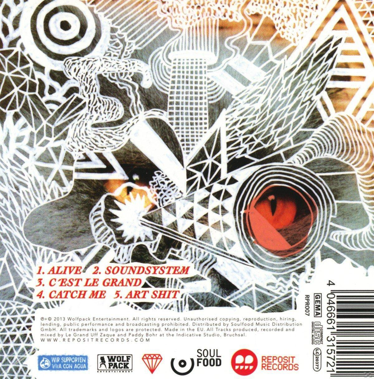 Albumcover mit abstrakter Kunst, mit Text und einem weißen und braunen Hintergrund.