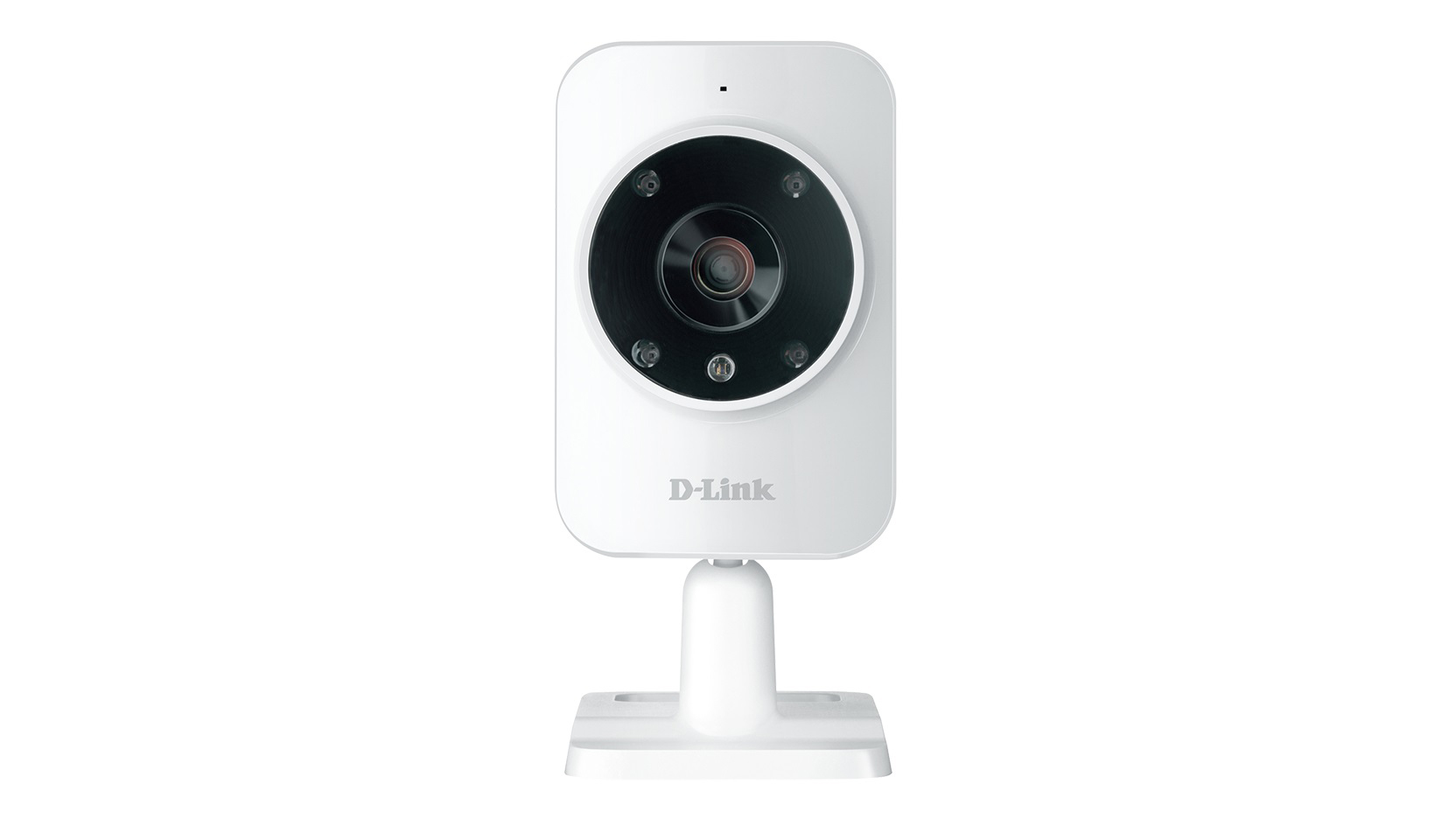 Weiße D-Link Sicherheitskamera mit schwarzem Objektiv und Sockel, auf weißem Hintergrund.