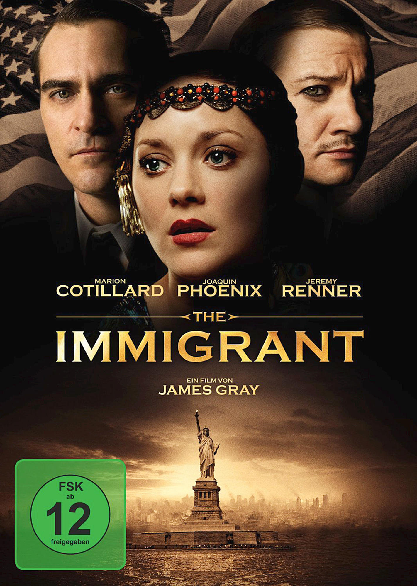 Filmposter mit Personen, dem Titel "The Immigrant" und der Freiheitsstatue im Hintergrund.