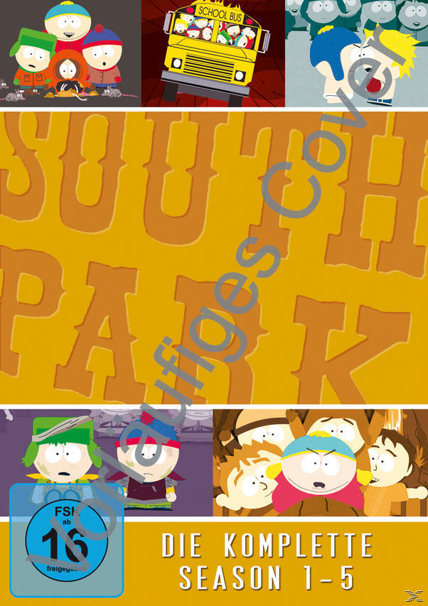 South Park DVD-Box-Set. Zeigt Charaktere, Schulbus und Text.