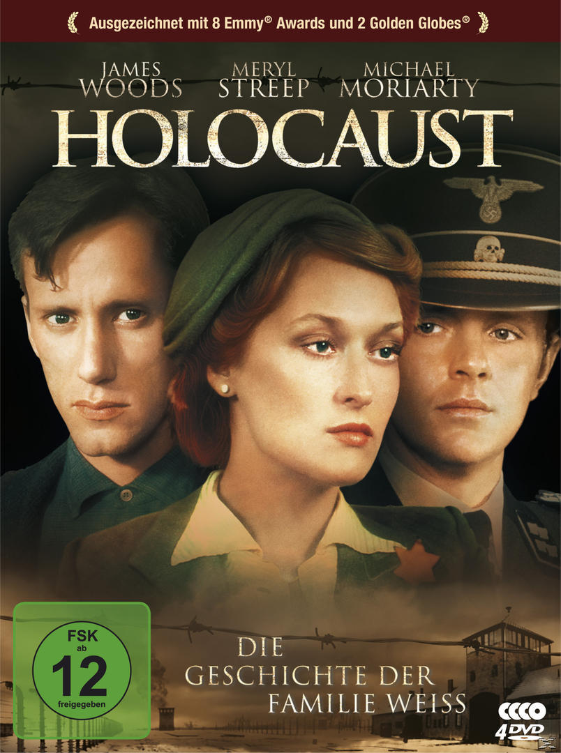 DVD-Cover von 'Holocaust'. Zeigt drei Personen in ernster Umgebung. Text auf Englisch. Stacheldrahtzaun.