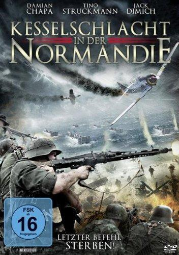 Filmplakat mit Kriegsszene. Soldaten zielen mit Waffen, Flugzeuge fliegen. Titel: Kesselschlacht in der Normandie.