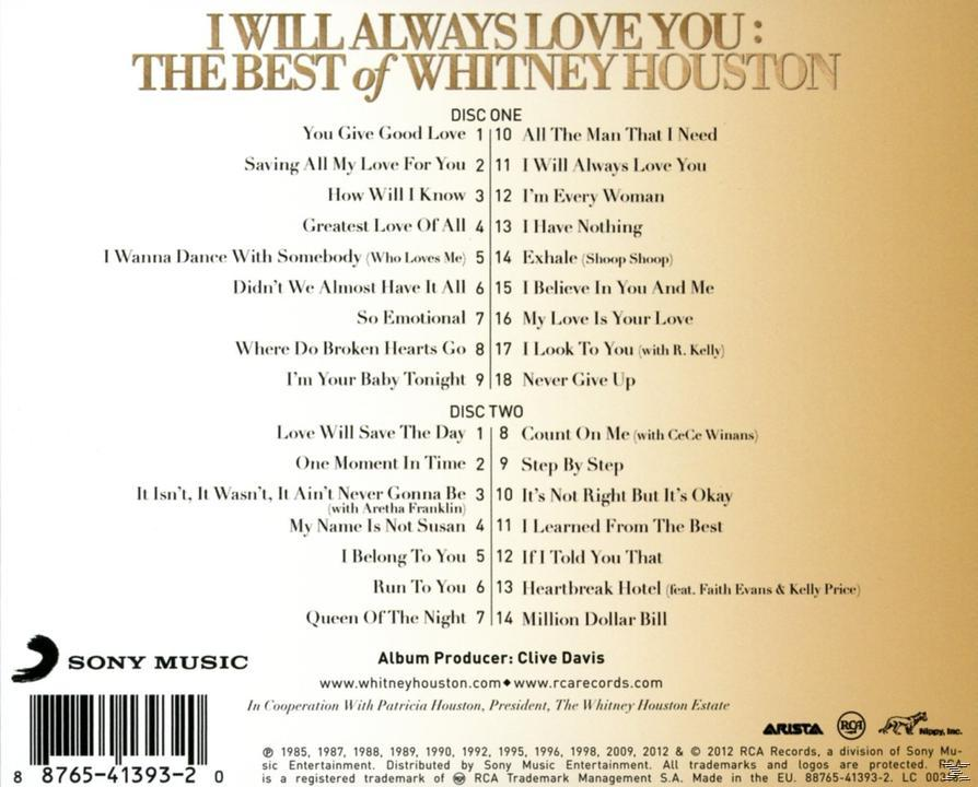 Pochette d'album : 'I Will Always Love You' The Best of Whitney Houston. Texte et liste des titres sur fond doré.