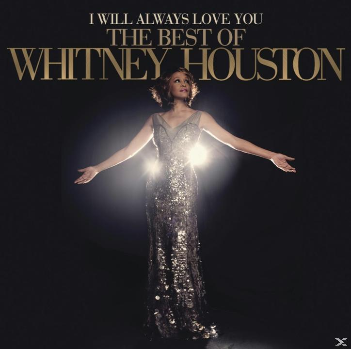 Pochette de l'album Whitney Houston. Le meilleur de Whitney Houston. Chanteuse en robe à paillettes.