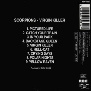 A Scorpions "Virgin Killer" című albumának borítója, fekete háttéren a dalszövegekkel.