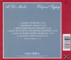 Album-Rückseite mit Titelliste von 'Elegant Gypsy' von Al Di Meola auf grauem Hintergrund.