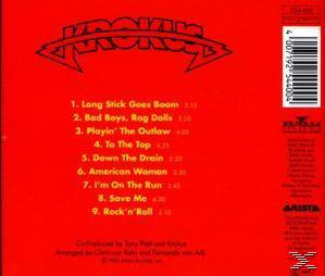 Rückseite des Albums: Krokus-Album, Titelliste auf rotem Hintergrund. Weißer Text mit dem Logo der Band.