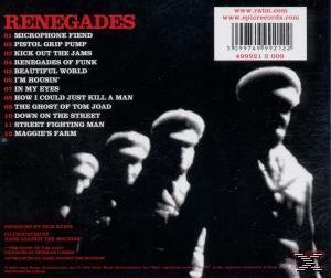 Rückseite von 'Renegades' von Rage Against the Machine, mit Trackliste und Silhouetten der Bandmitglieder.