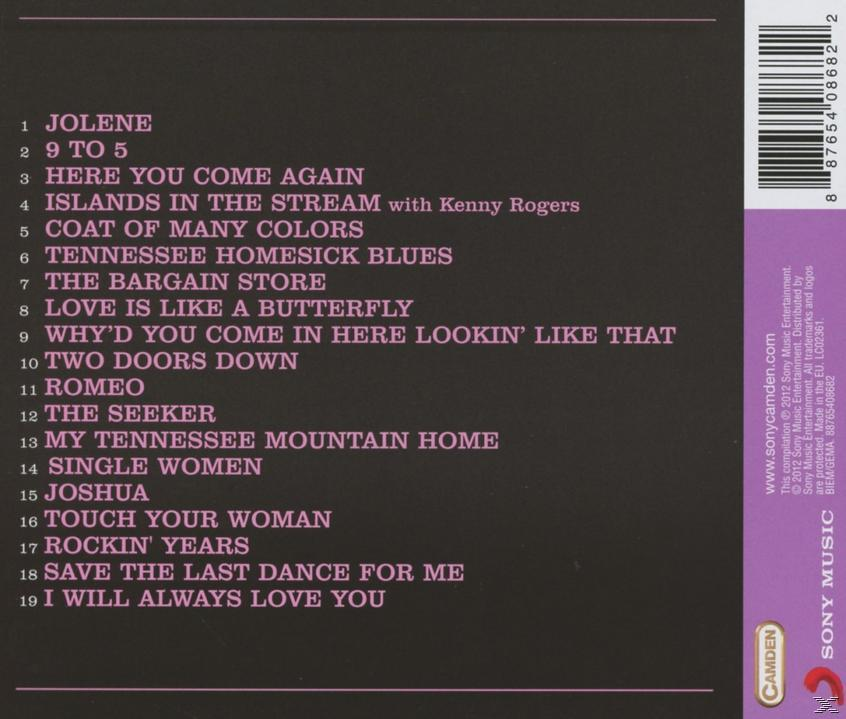 CD-hoes met songtitels en een barcode. Titels zijn onder andere 'Jolene' en 'I Will Always Love You'.