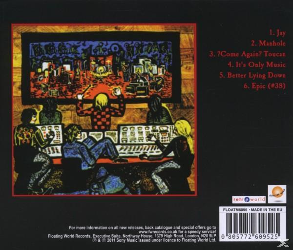 Illustration einer Aufnahmesession mit Musikern und Studiogeräten. Trackliste rechts.