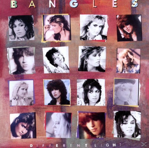 Das Albumcover der Bangles mit sechzehn kleinen quadratischen Fotos der Bandmitglieder und dem Text 'Different Light'.