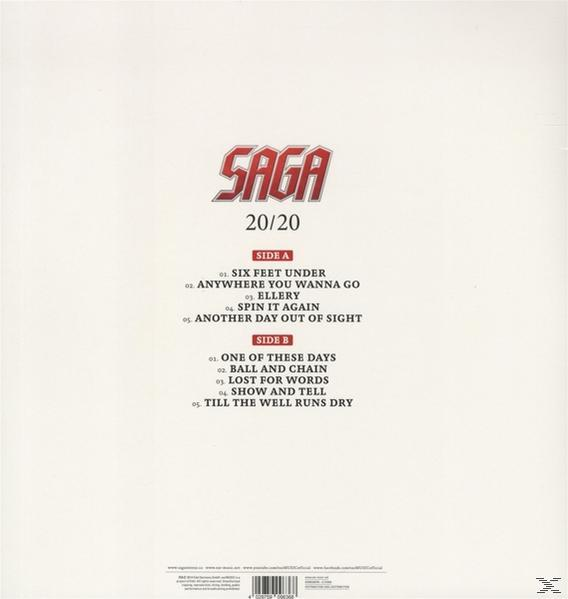 SAGA 20/20 Schallplattenhülle. Titelliste und Albumtitel werden auf weißem Hintergrund angezeigt.