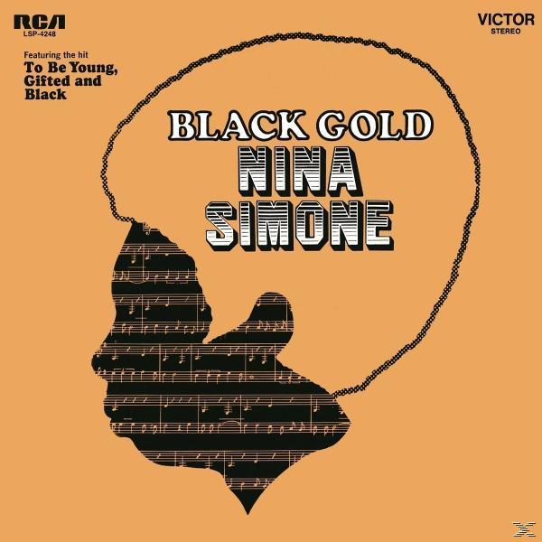 Album borító Nina Simone sziluettjével, a 'Black Gold' szöveggel és hangjegyekkel narancssárga háttéren.