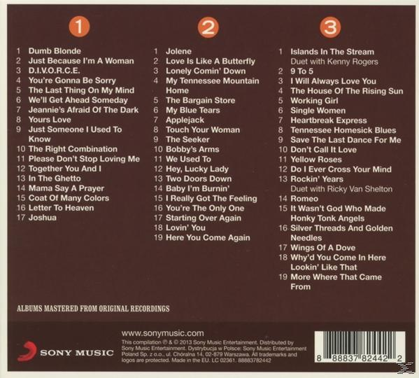 Album tracklist. Drie kolommen met songtitels. Albumnaam en artiest onderaan.