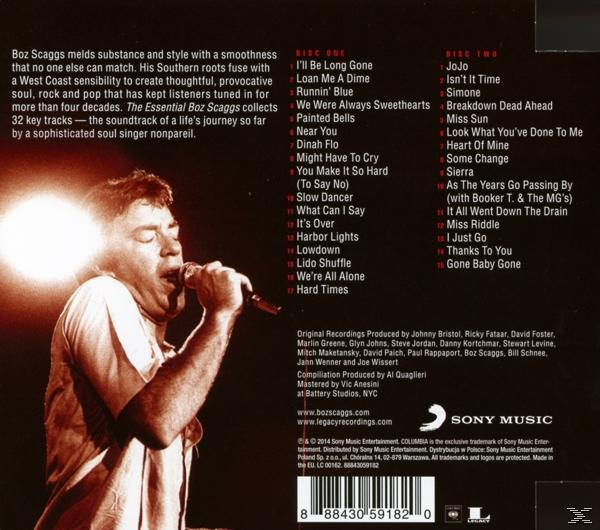 Albumcover mit Boz Scaggs, ein Mann singt in ein Mikrofon, und eine Liste von Songs.