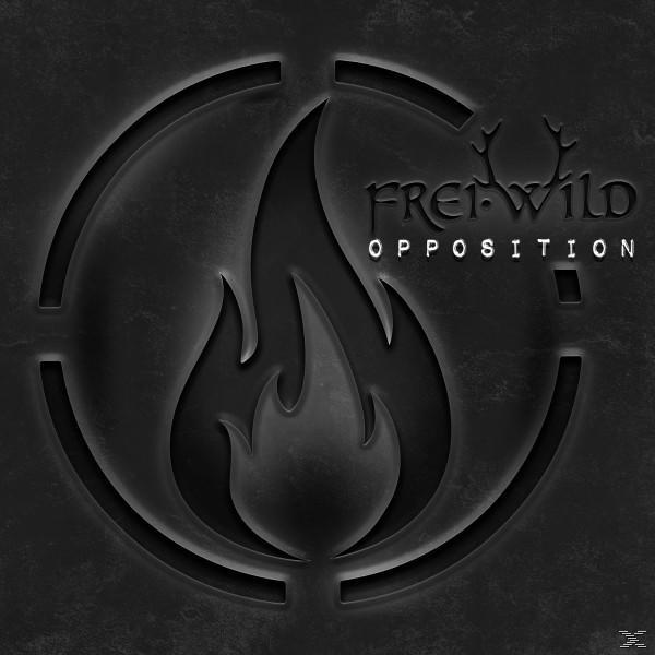 Schwarzes Logo mit einer Flamme in einem Kreis und dem Text: FREI.WILD OPPOSITION.