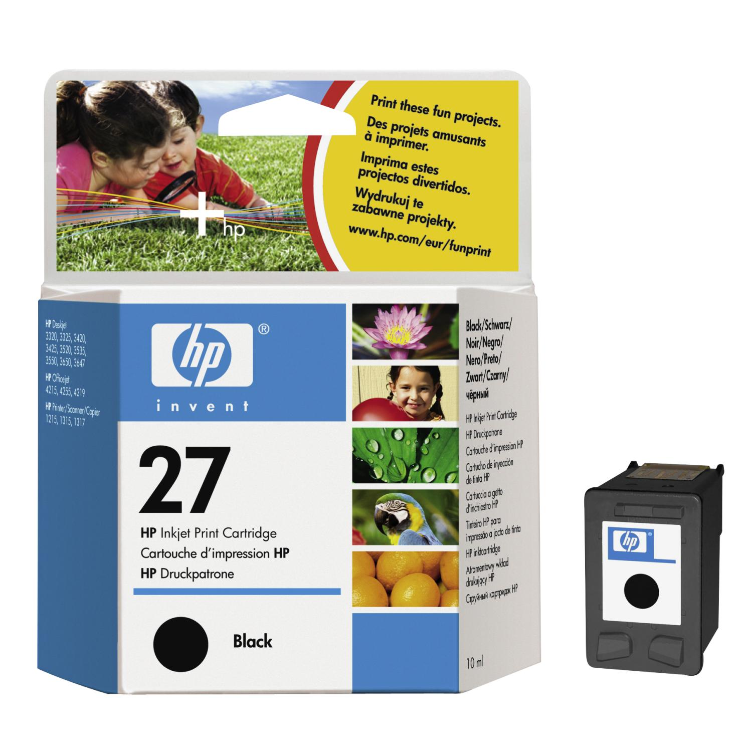 HP Inkjet-Tintenpatronenbox mit Kindern und einer schwarzen Tintenpatrone.