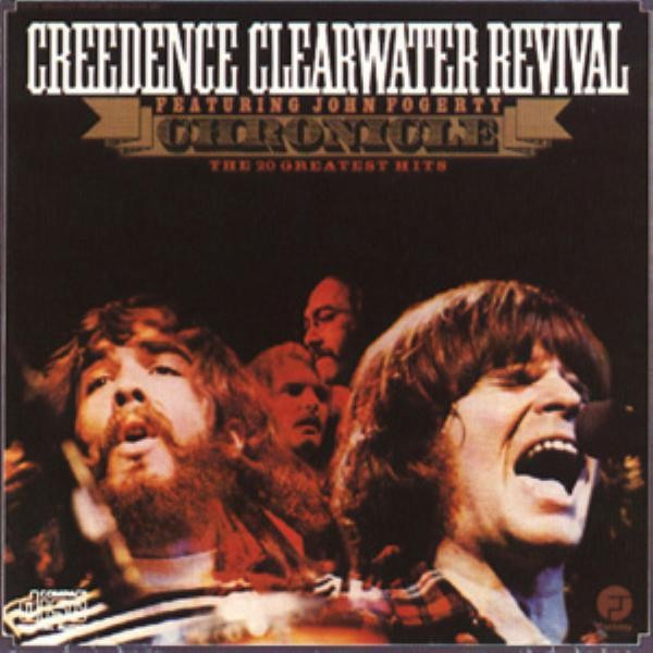 Albumhoes van Creedence Clearwater Revival, met John Fogerty. Gezichten van zangers, donkere achtergrond.