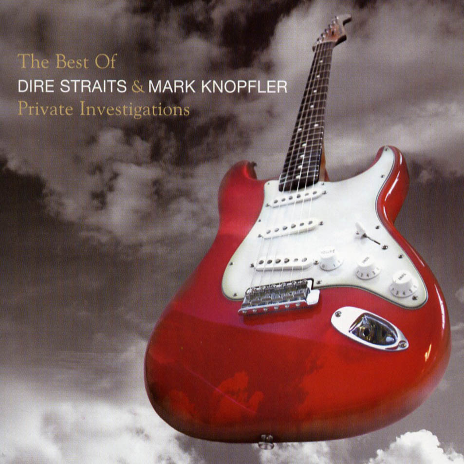 Albumcover: een rode gitaar. Achtergrond van een bewolkte lucht. Titel: The Best Of Dire Straits & Mark Knopfler. Private Investigations.