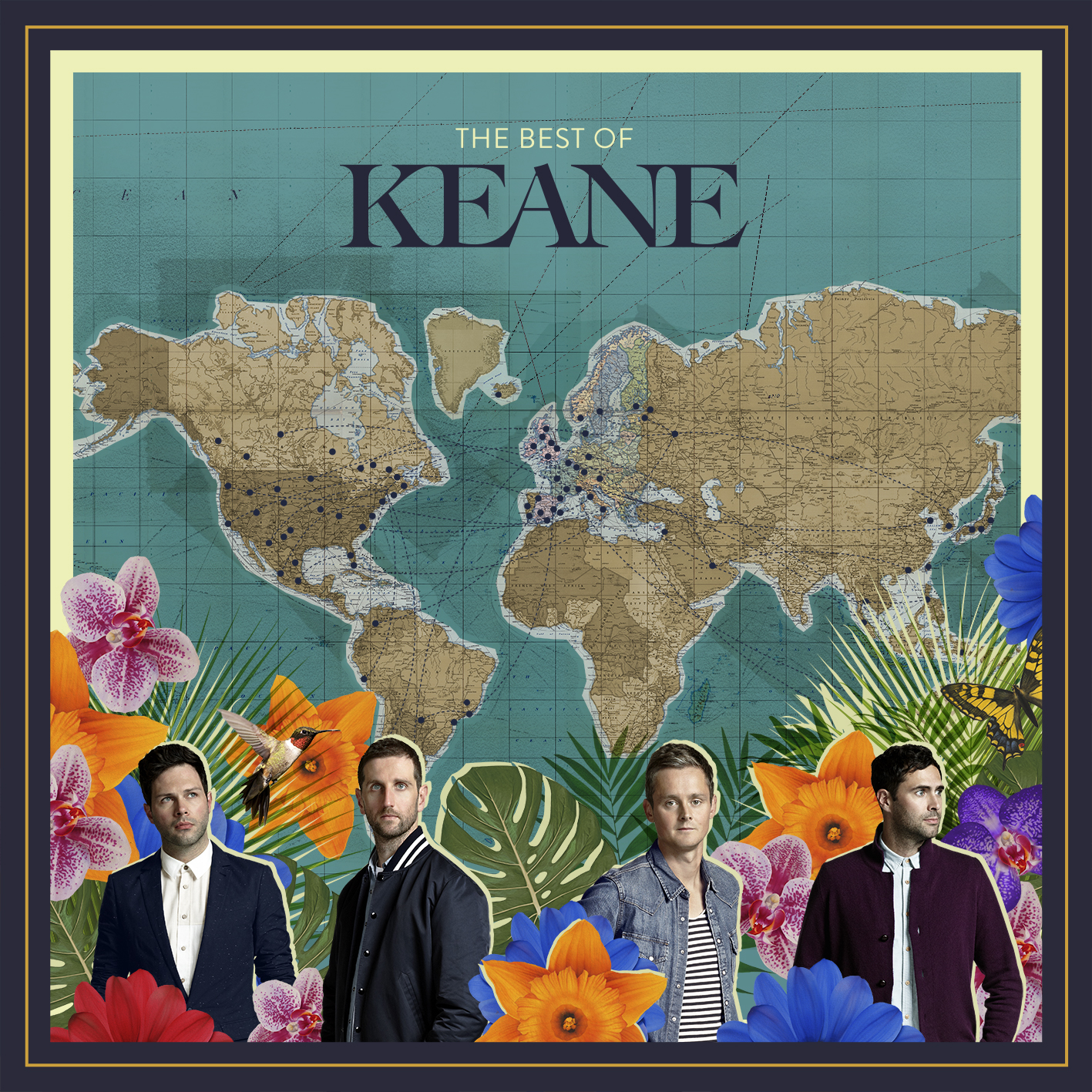 De Best of Keane albumhoes. Vier bandleden onderaan. Een kaart op de achtergrond.