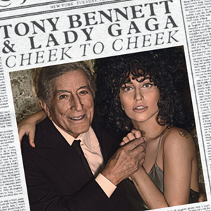 Pochette d'album avec Tony Bennett et Lady Gaga joue contre joue, avec un fond de journal.