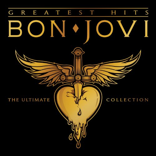 Pochette de CD avec l'album Greatest Hits de Bon Jovi. Design doré avec un cœur et des ailes avec du texte.