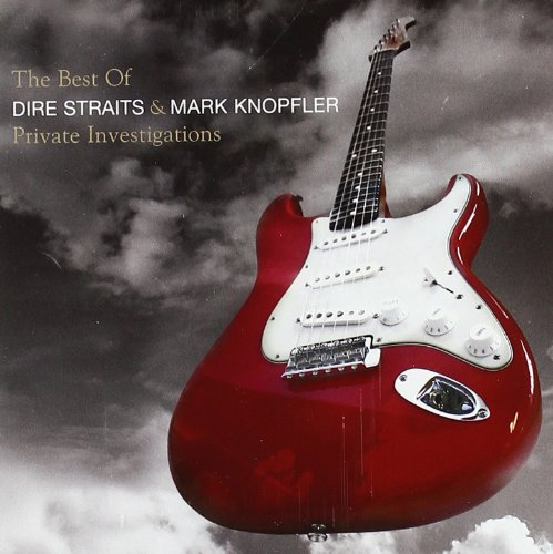 Albumhoes met een rode elektrische gitaar tegen een bewolkte lucht. Tekst: The Best Of, Dire Straits & Mark Knopfler.