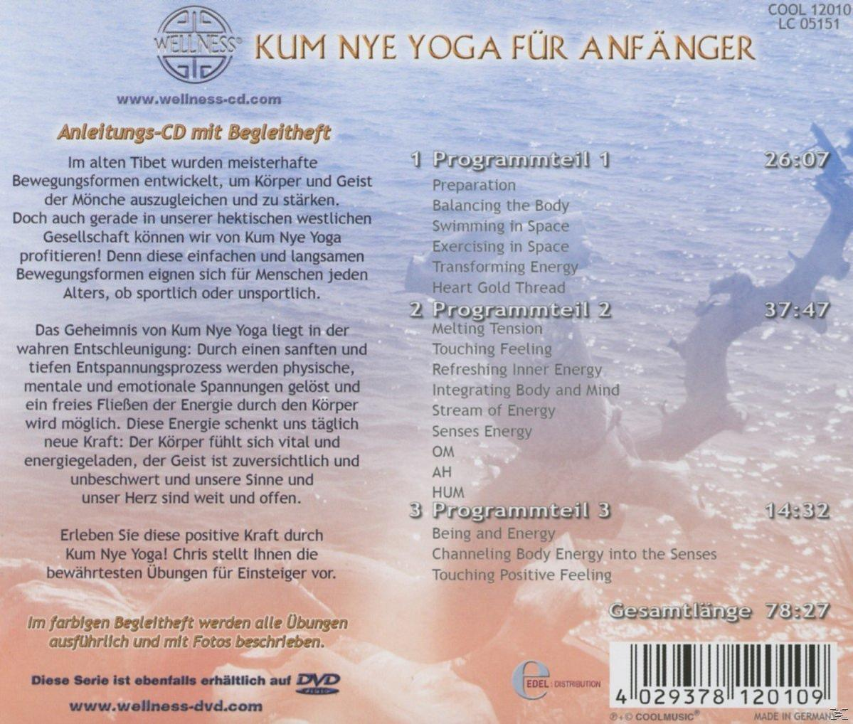 CD-Cover mit Text: Kum Nye Yoga für Anfänger. Listet Übungen und Zeiten auf. Enthält einen Barcode und ein Wellness-Logo.