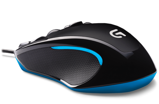 Mavi detaylara ve Logitech logosuna sahip siyah oyun faresi. Dokulu bir yan tutuş ve kabloya sahiptir.