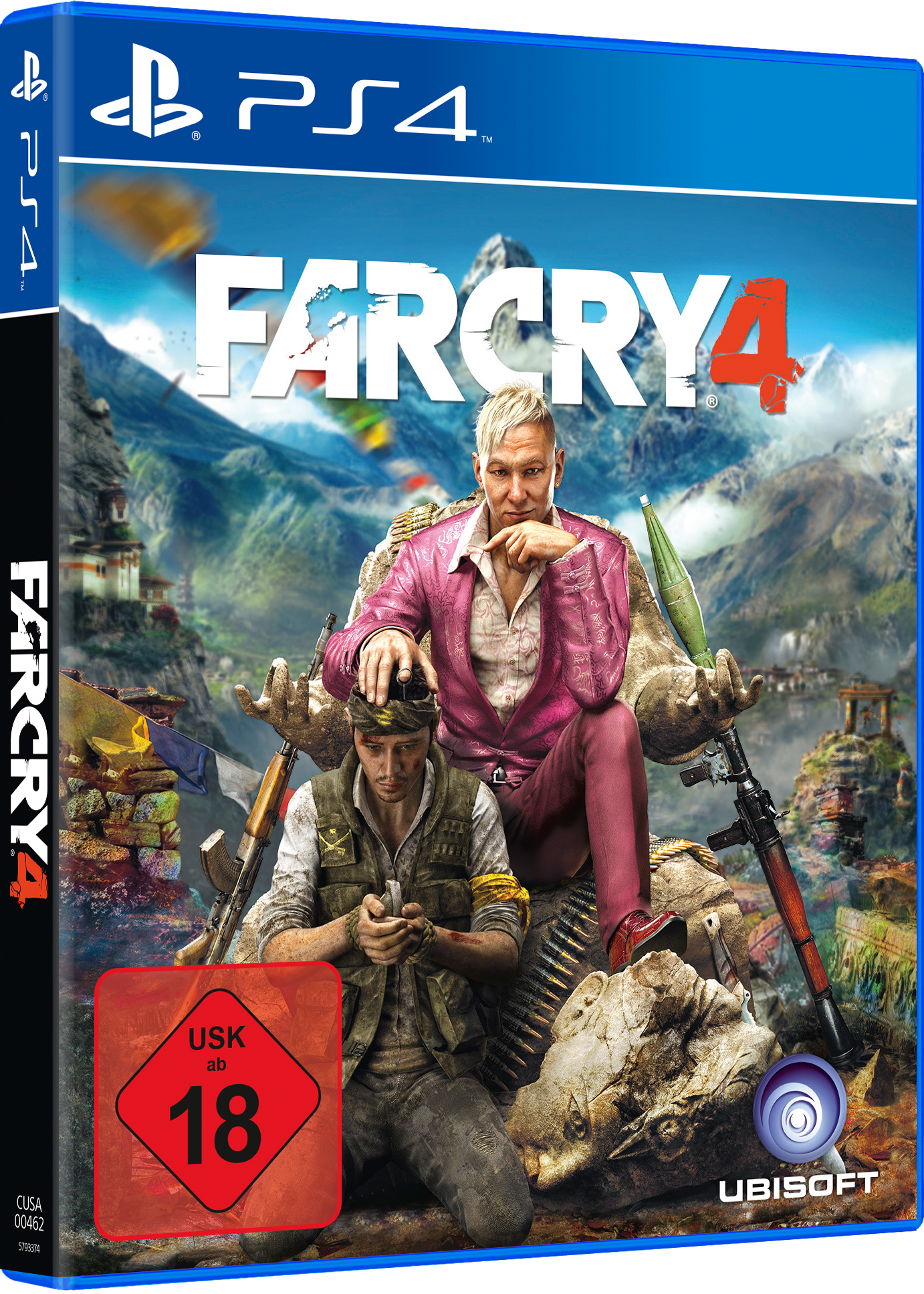 Far Cry 4-Spielcover mit Charakteren und Berg-Hintergrund.